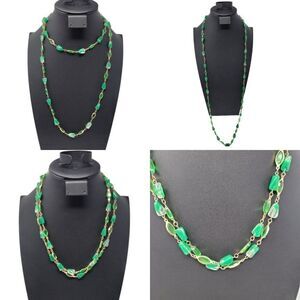 Vintage Flapper Necklace Gold Tone Resin Green Beaded Versatile 45" Delicate